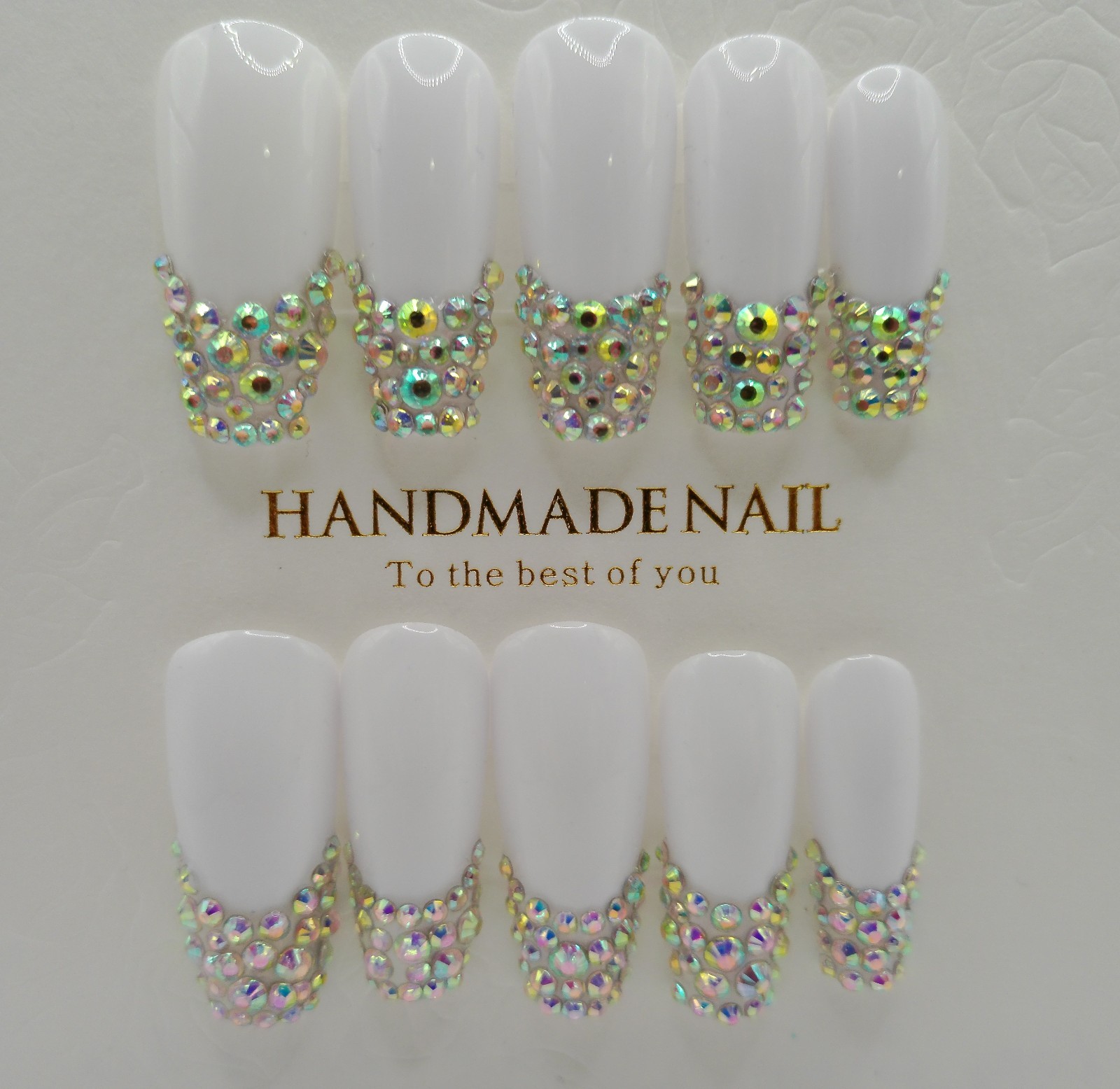 Long Coffin Press-On Nails, White with Aurora Gems – Large