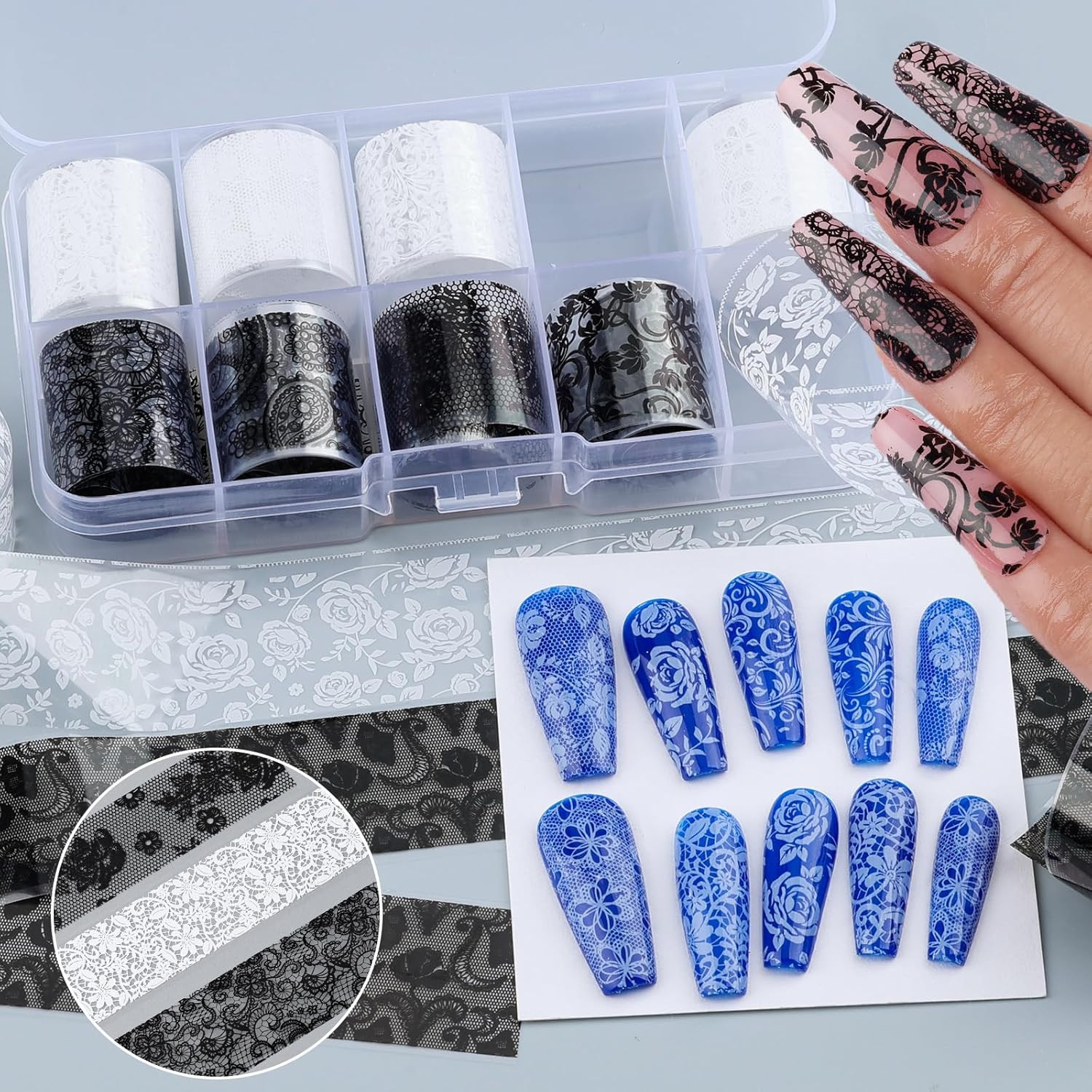 Lace Nail Foil Transfer Sheets, 10 Rolls Black White Flower Nail Art Transfer Fo