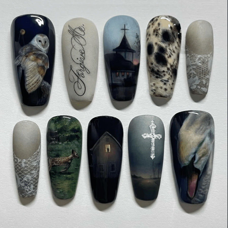 48pcs Long Taper Press on Nails, Dark Church Owl Cross Gothic Vintage Nails