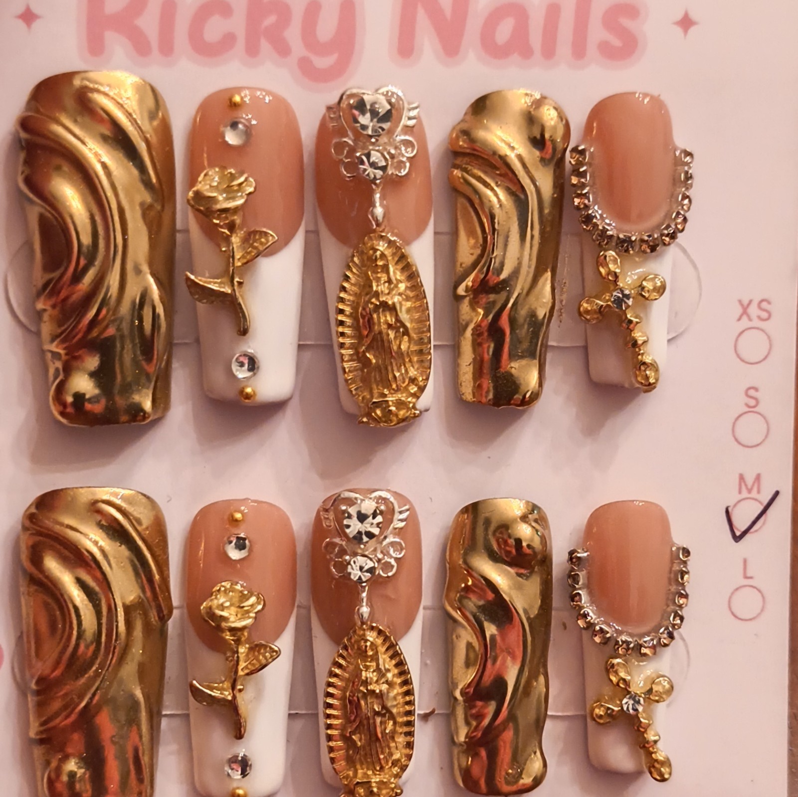 Ricky Nails Press-On Nails Medium Square Nude Gold White 3D Design