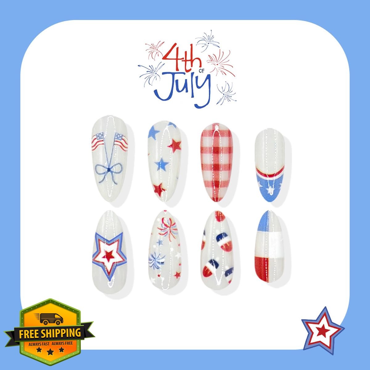 Rdntbeu 4th July Almond Press on Nails Style-31