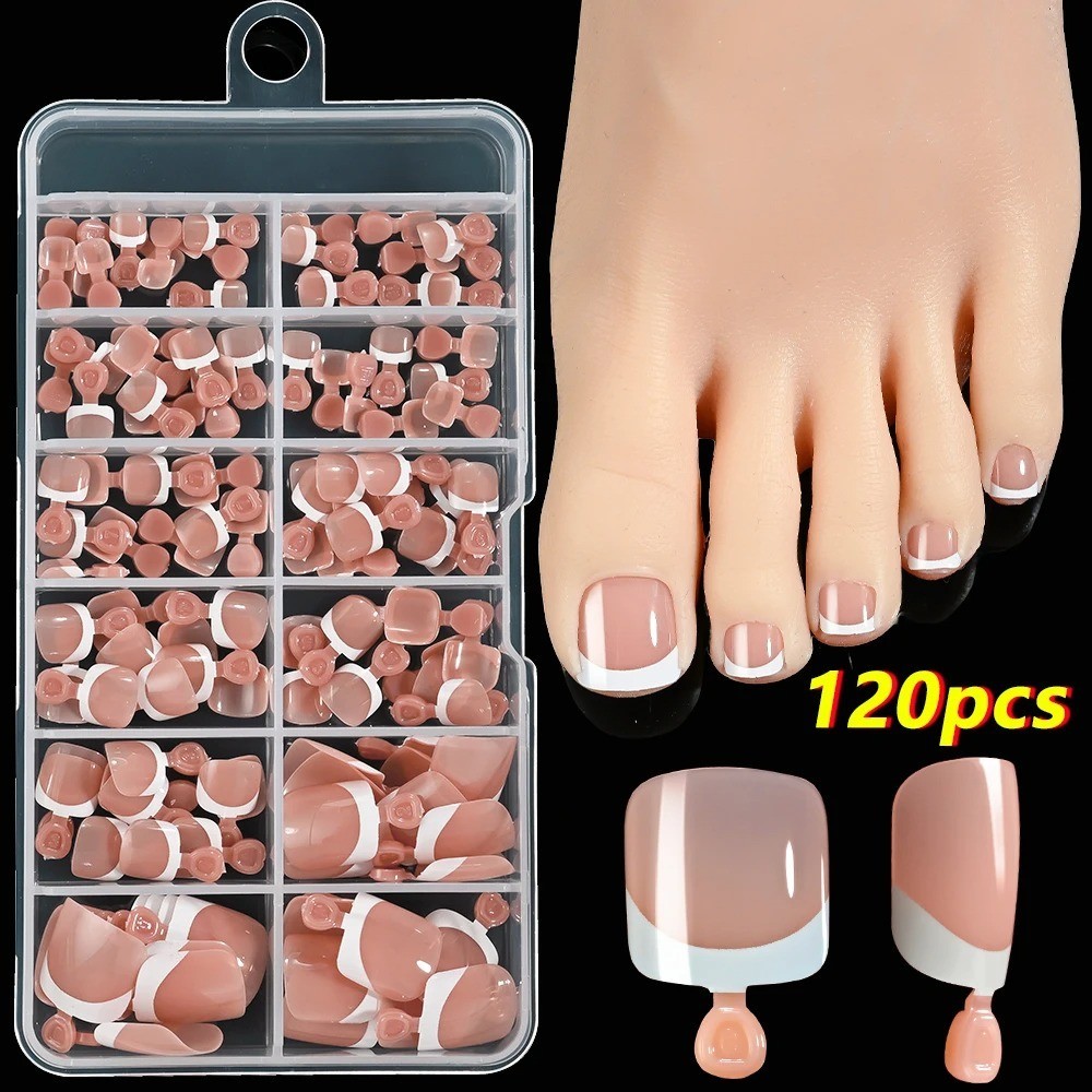 120Pcs Pink French Short Square Fake Nails 12-Sizes Full Cover Press On Nails We