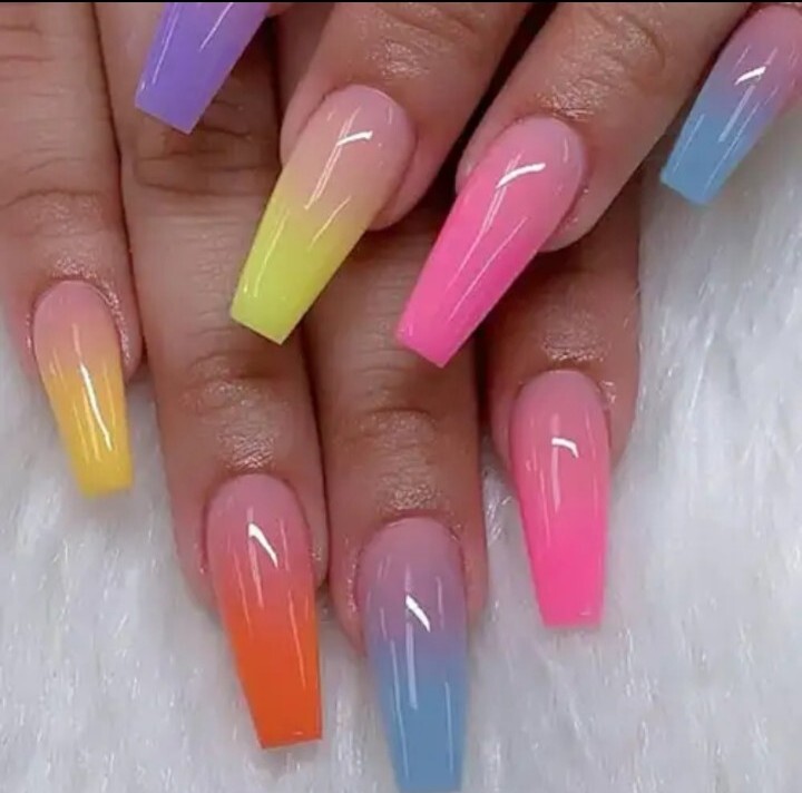 *Brand New* Neon Rainbow Ombre Press On Fake Nails – Reusable!