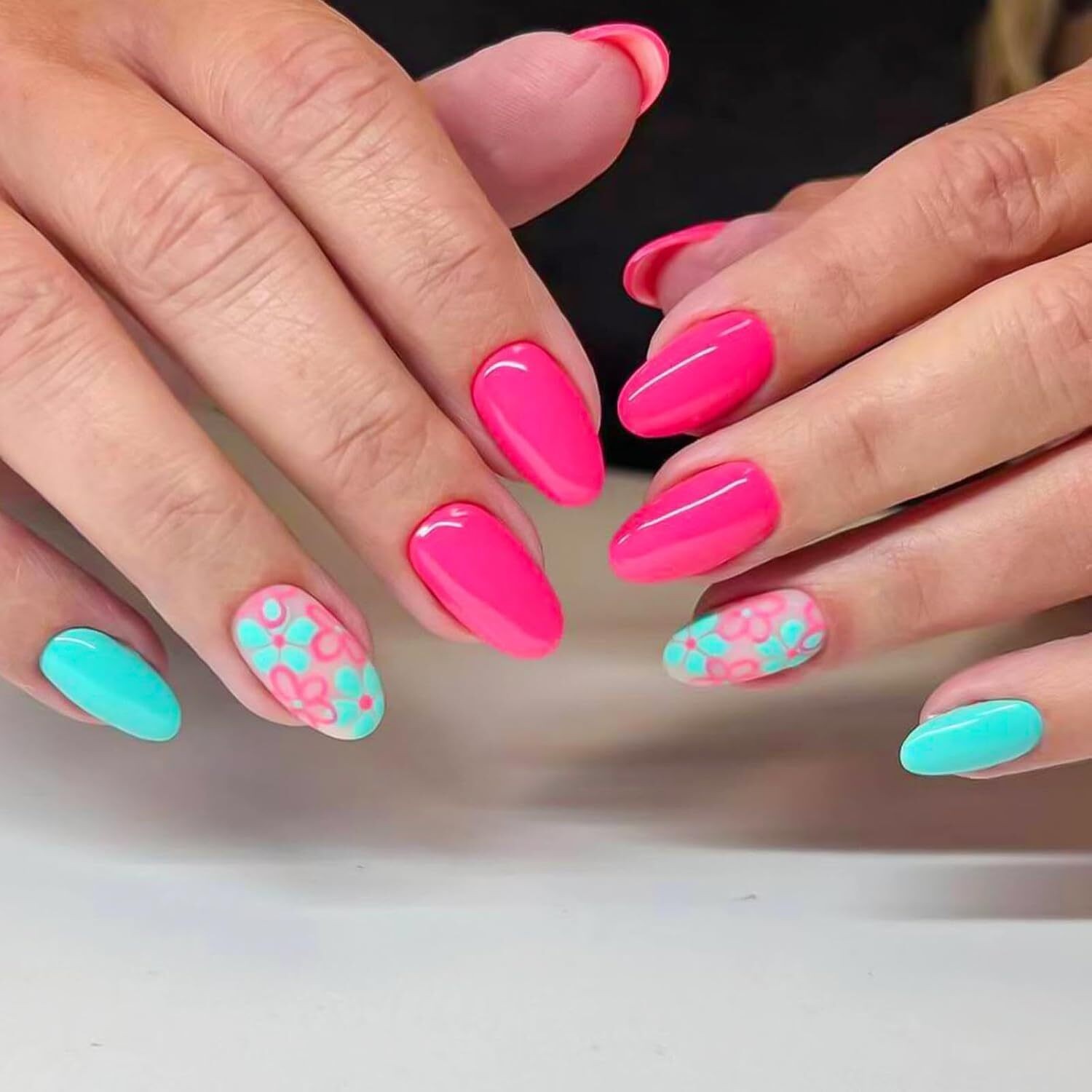 White French Tip Press On Nails Medium Almond 5D Flower Pearl Fake Nail Set