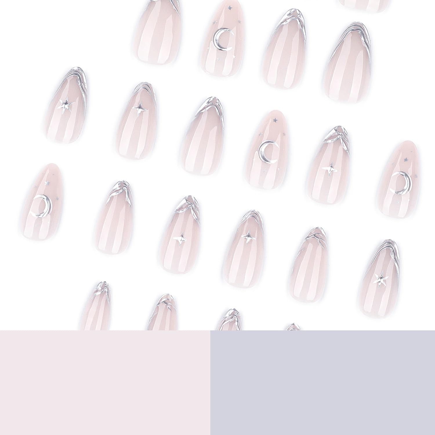 24pcs Almond Press On Nails Medium Almond Silver French Tip Fake Nails with 3…