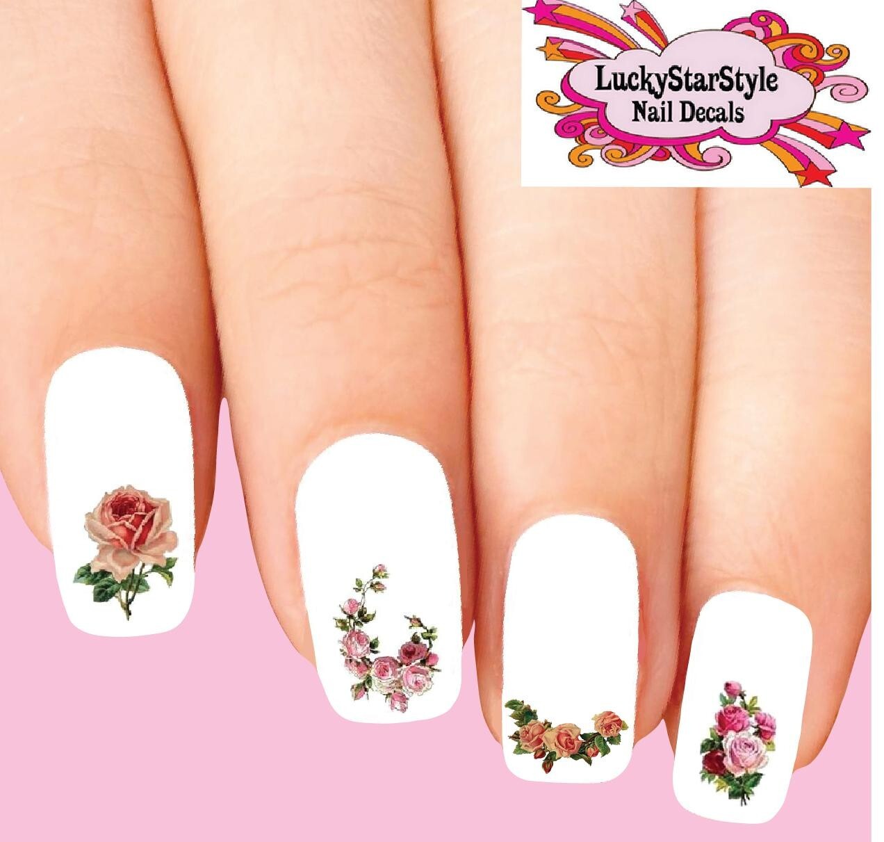 Waterslide Rose Nail Decals Set of 20 – Victorian Pink Roses Assorted