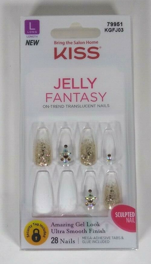 Kiss Nails Jelly Fantasy Press or Glue Manicure Long Coffin White Clear Gold
