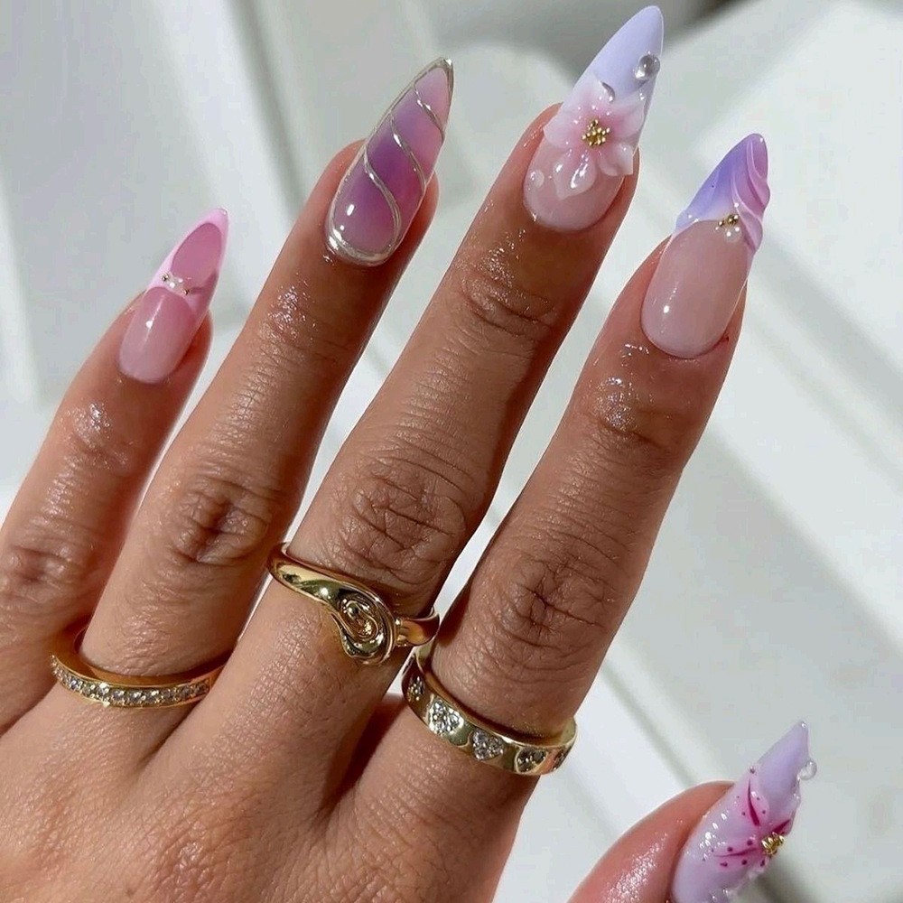 48Pcs Purple Gradient Floral Line Press on Nails, Long Stiletto Shiny Fake Nails