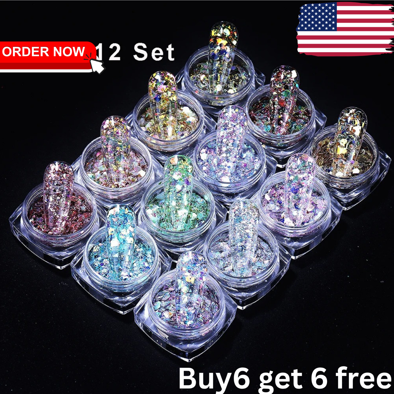 6PCS Chrome Mirror Nail Powder Set Gold Silver Holographic Aurora Pigment