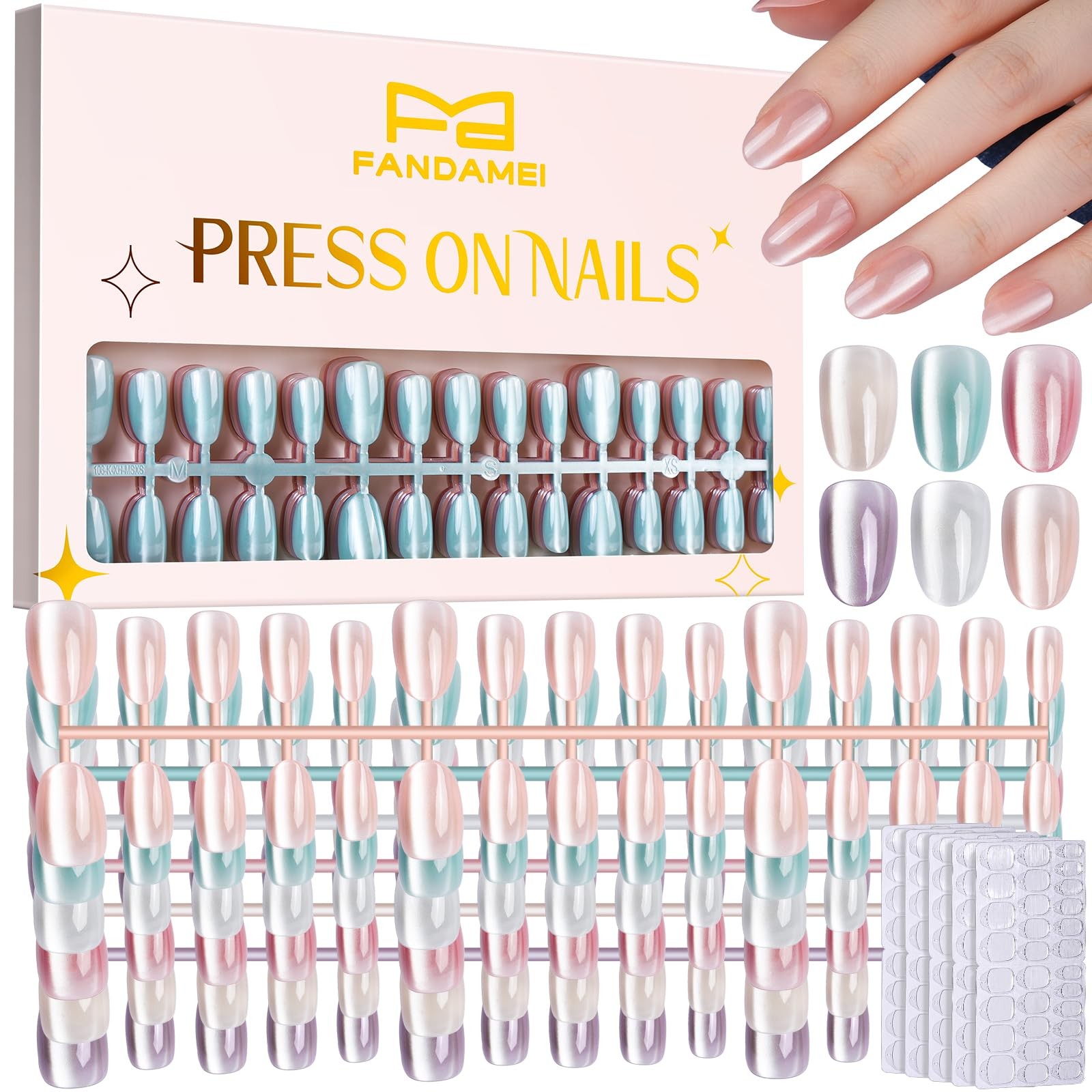 FANDAMEI 6 Colors Press On Nails Short Almond, Cat Eye Nails Short Oval, Natu…