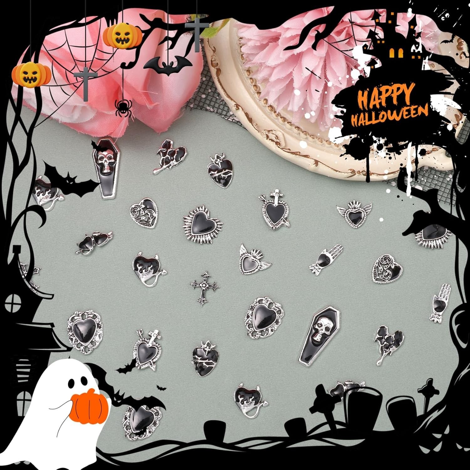 Halloween Nail Charms 24pcs Gothic Heart Cross Tombstone Gems Art Accessories