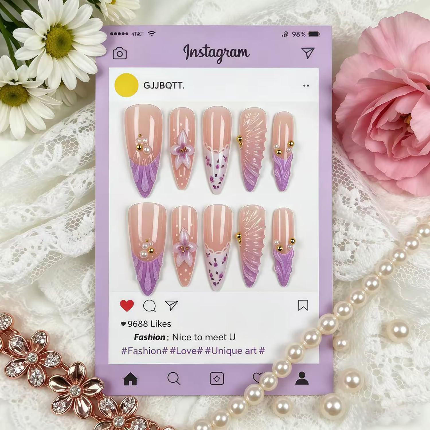 24 Pcs Purple French Tip Press on Nails Flower False Nails with Spring Summer Fl