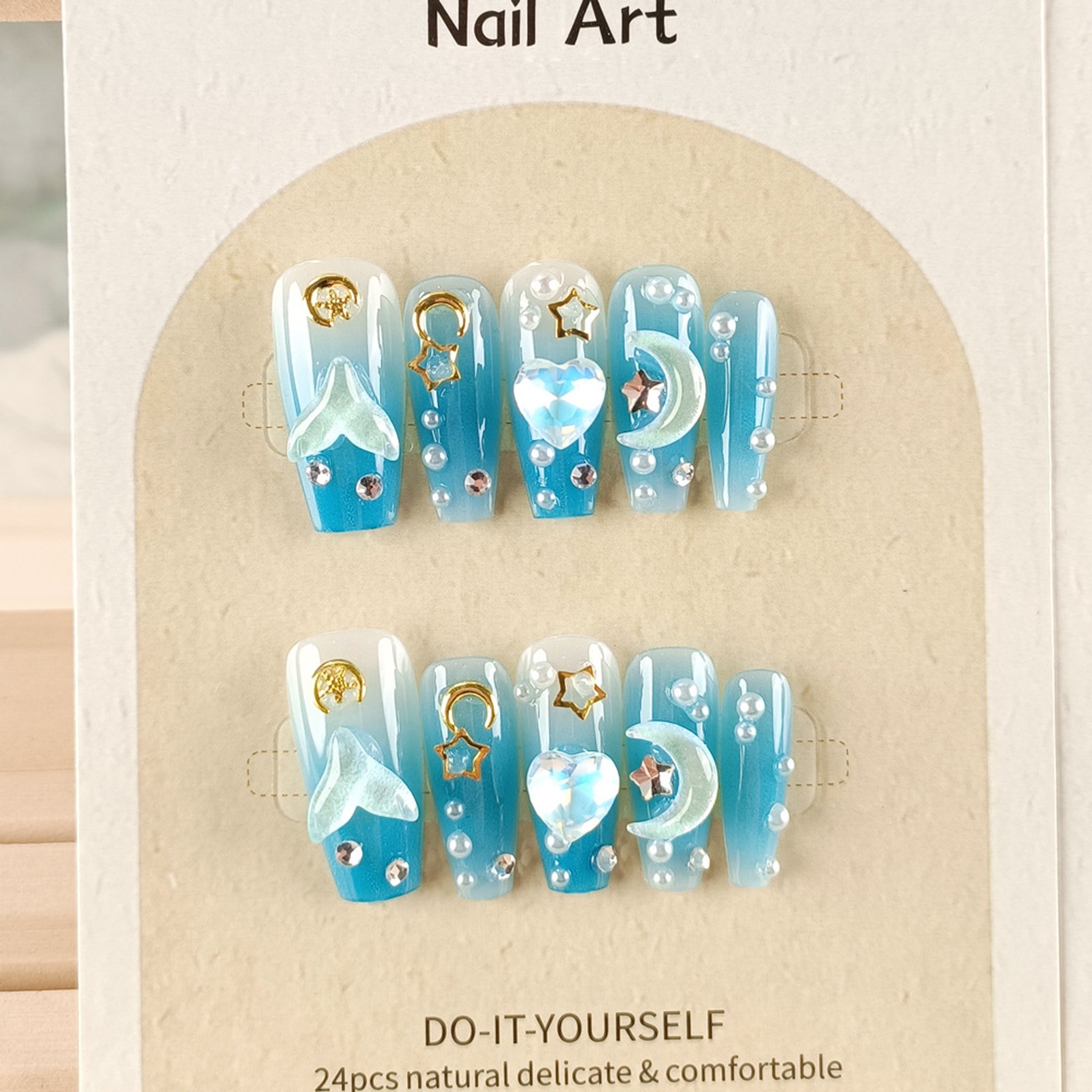 Nail Art Stickers 3D Heart Blue Icy Clear Ocean Moon Collection 10-Piece Set