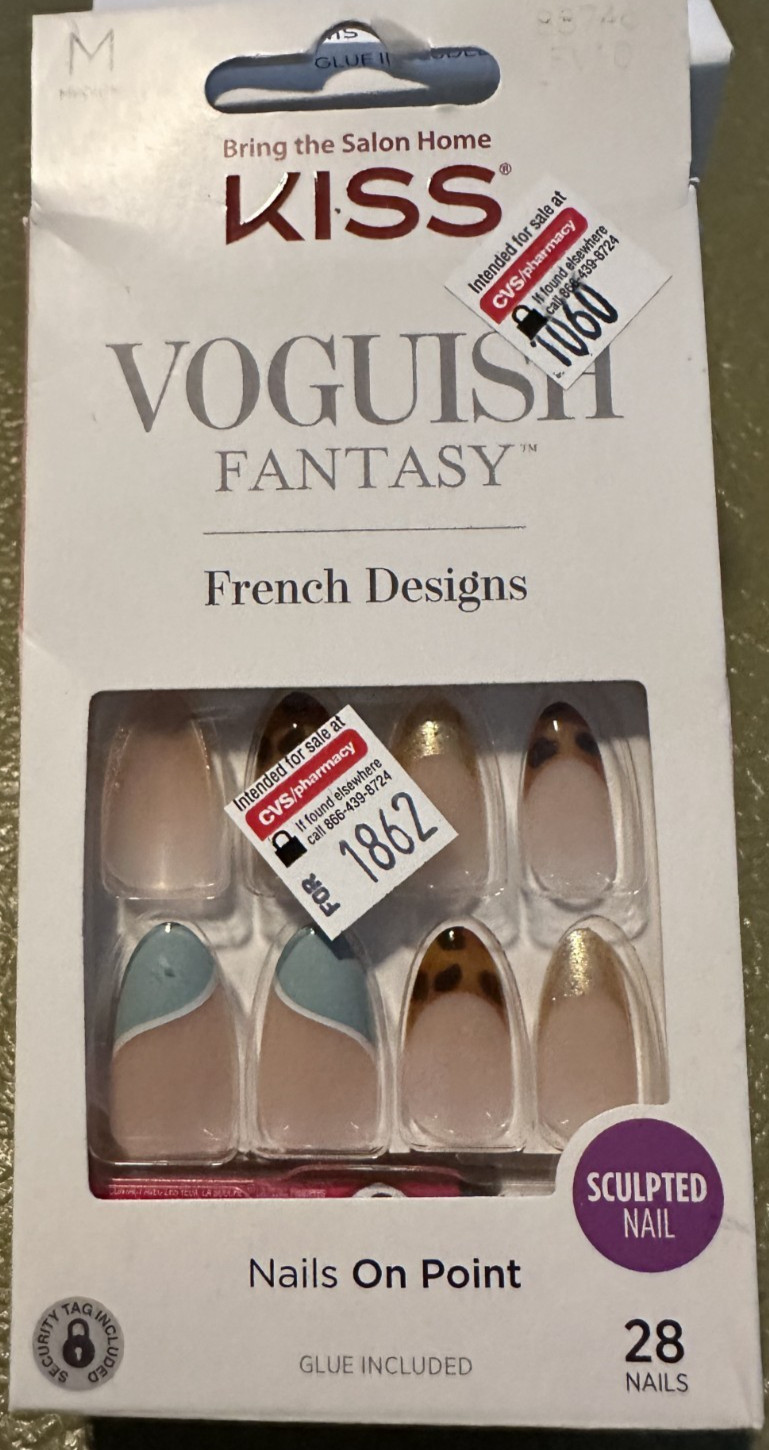 Kiss Nails Glam Fantasy Glue/Press on Medium Almond French Green Gold Glitter