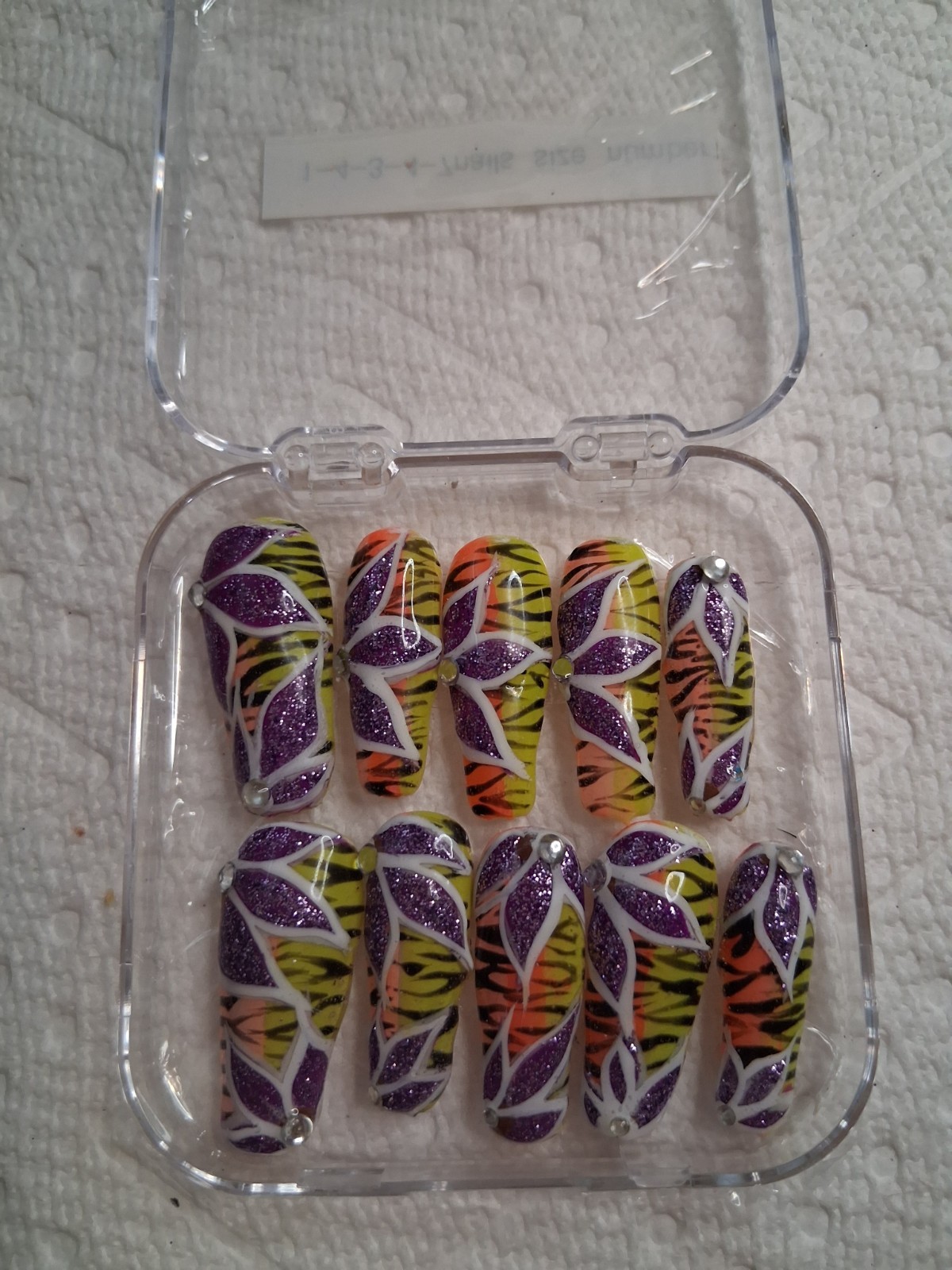 Purple Yellow Orange Glitter Pre-Designed Press-On Nails Set Long Coffin Animal