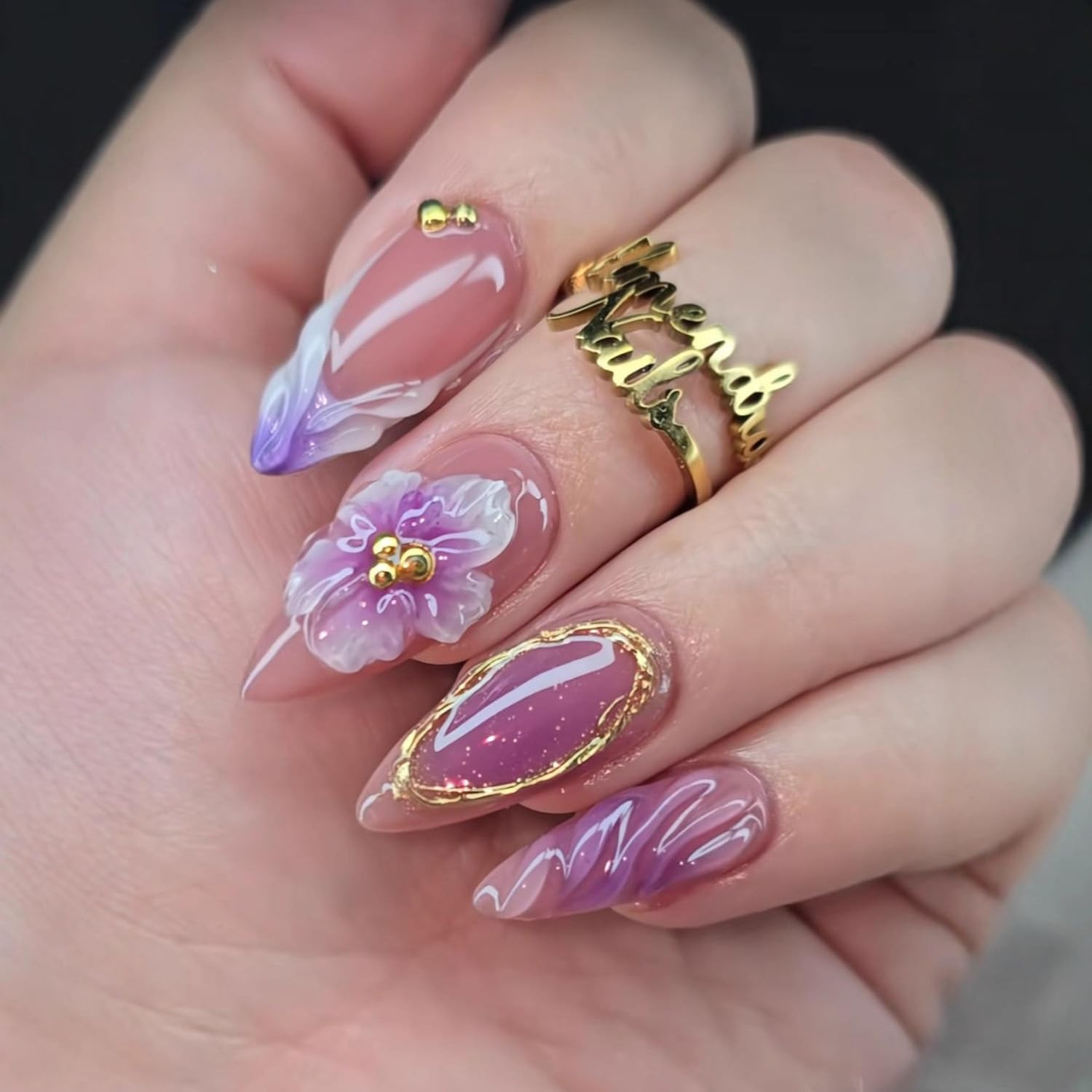 24Pcs Medium Almond Press on Nails Gradient French Tip Fake Nails 3D Purple Flow