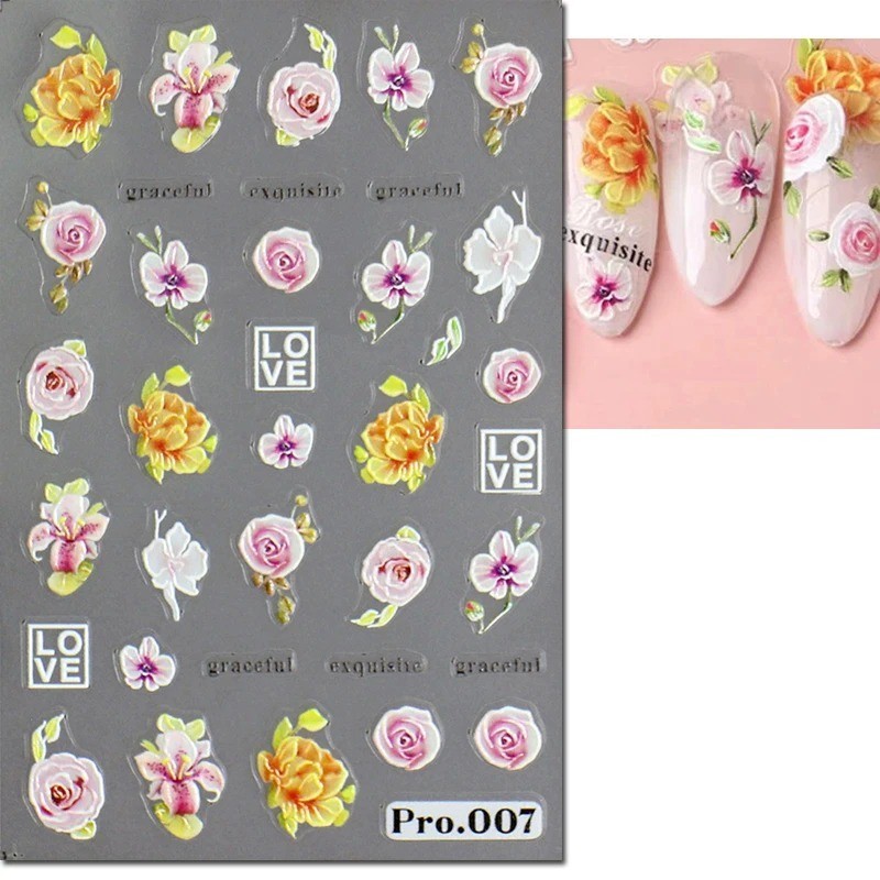 5D Embossed Floral Nail Art Stickers — Decals for Manicure Decoration