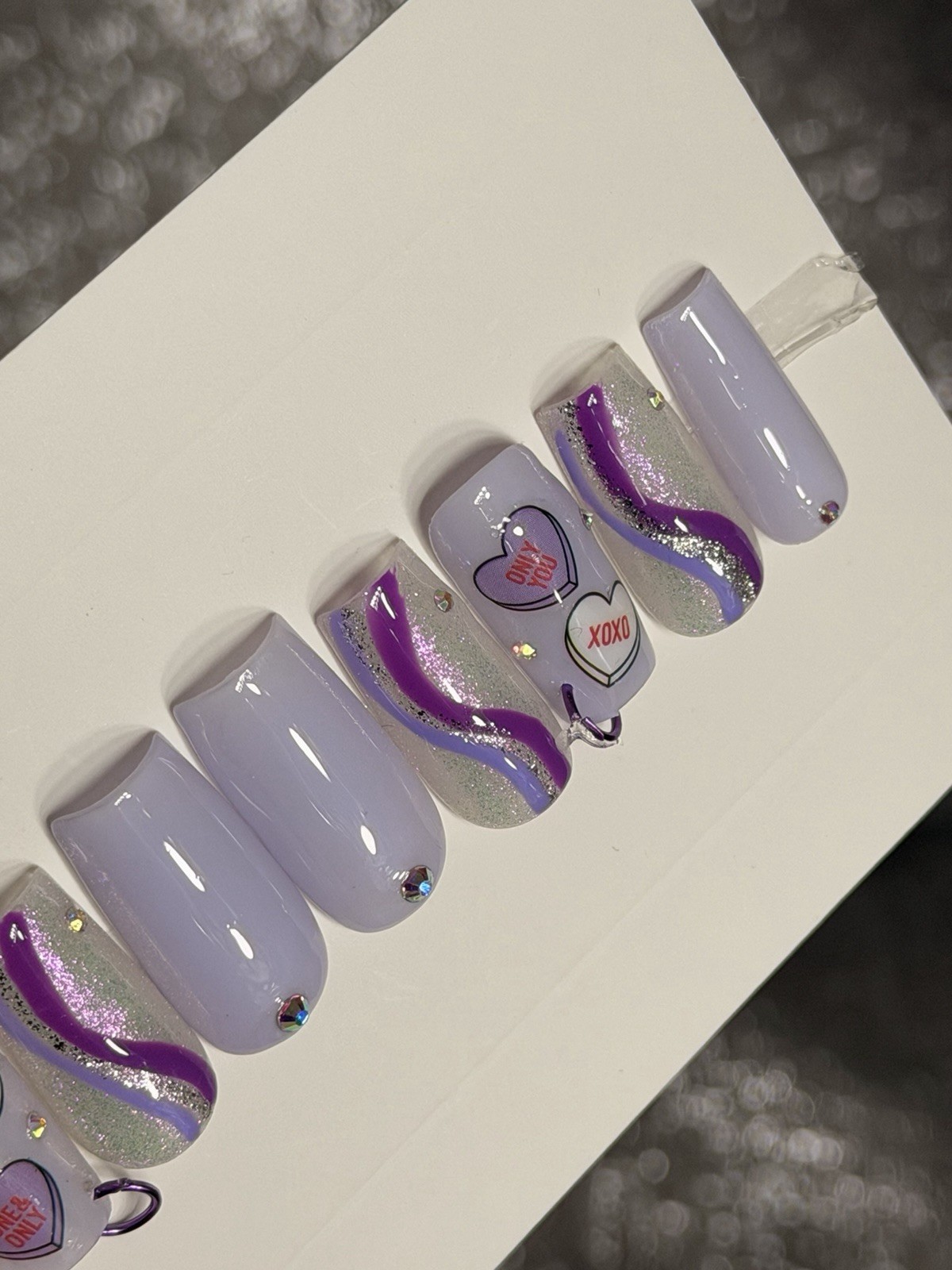 💜💎 CUSTOM Press On Nails PURPLE Heart BLING Rhinestones 10p SET W Kit