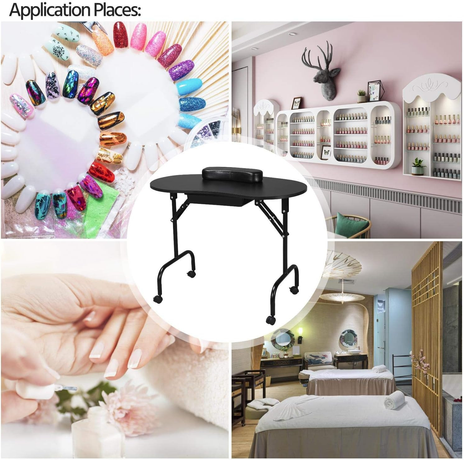 37″ Foldable Manicure Nail Table Portable with Wheels, Black | MDF Tabletop & Ir