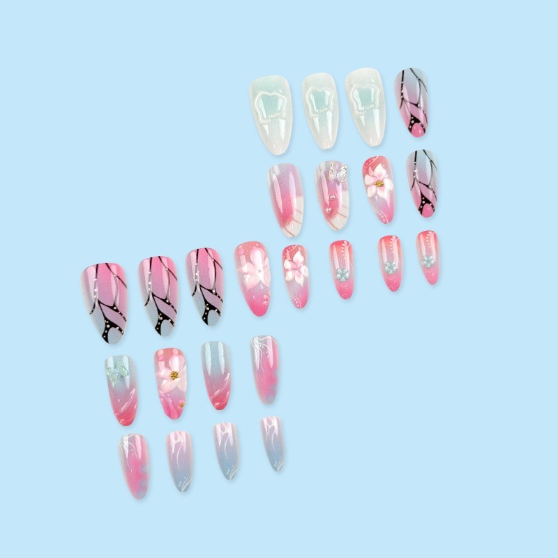 48pcs-Pink Blue Ombre Press on Nails, Medium Almond with Floral & Butterfly Tips