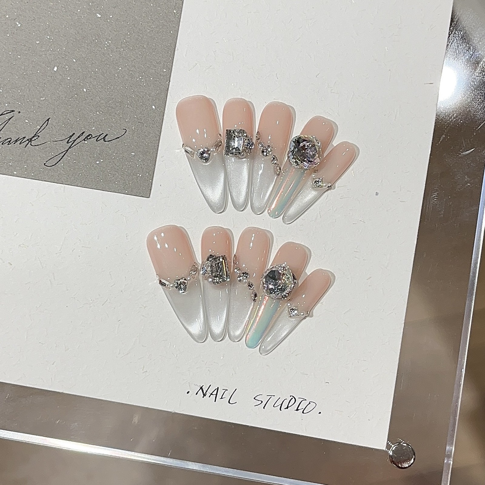 10Pcs Handmade White Moon Cat Eye Long Pointed Nails Full Rhinestones