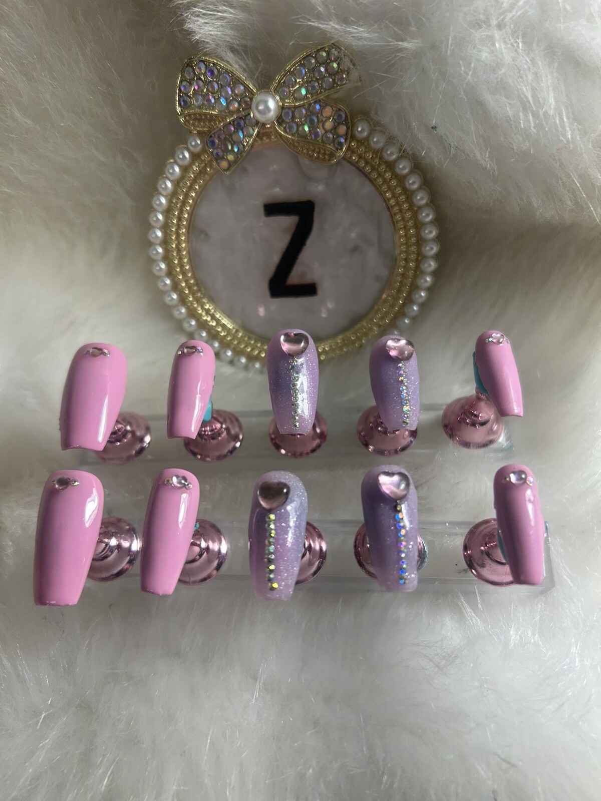 Z NAILZ! Handmade M Coffin Pink & Lilac Valentines Love Press on Nails