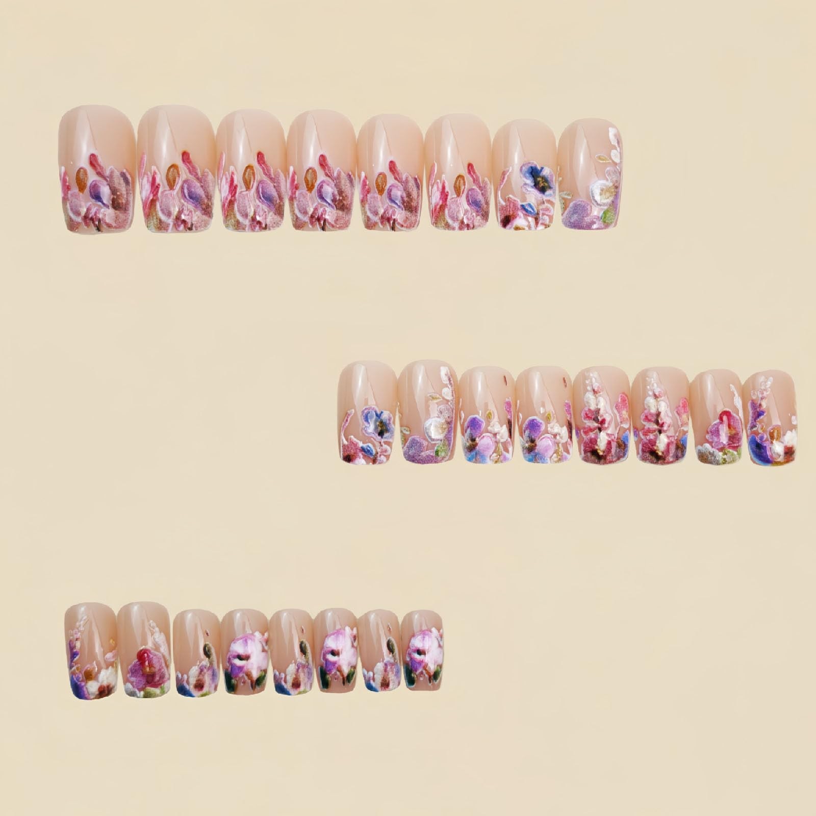 Flower Press on Nails Medium Square Fake with Floral Medium, pink