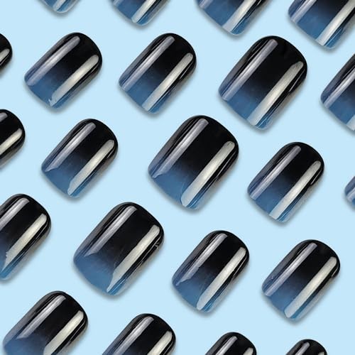 24 Pcs Blue-Black Gradient Press on Nails – Short Square Shape – Fake Style 14