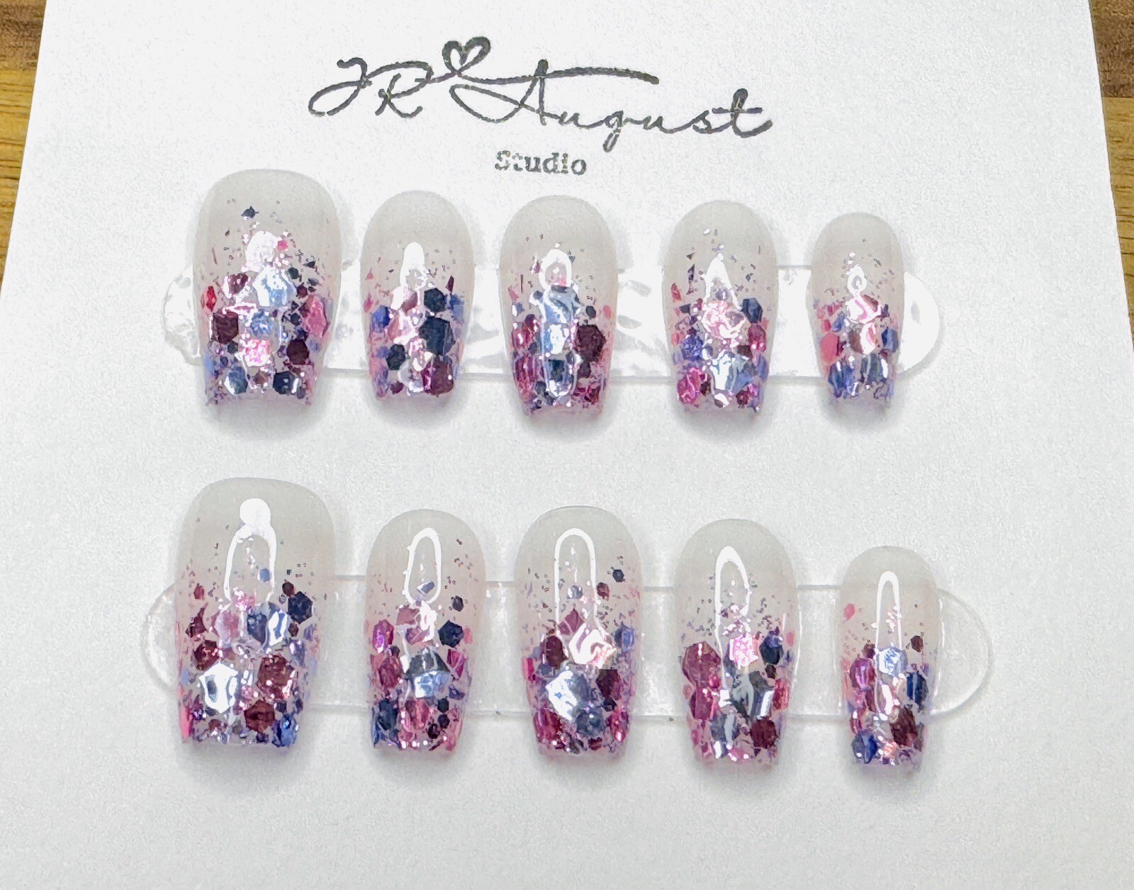 Press on nails Handmade Colored Glitter Confetti Purple medium coffin S M L