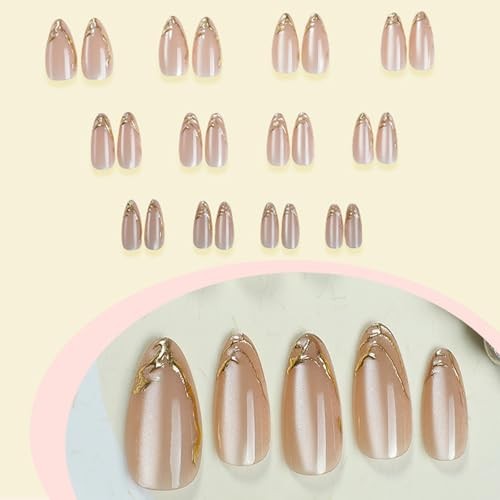 Press on Nails Almond Medium Fake Nails nude pink Sparkling Gold French Tip