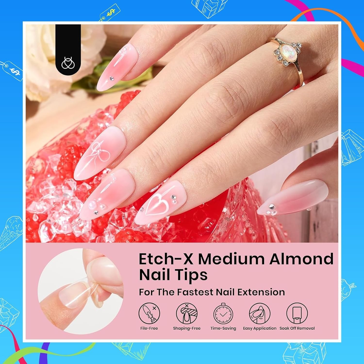 Beetles Medium Almond Nail Tips 576pcs Clear Soft Gel Pre-Etched Full Cover Set