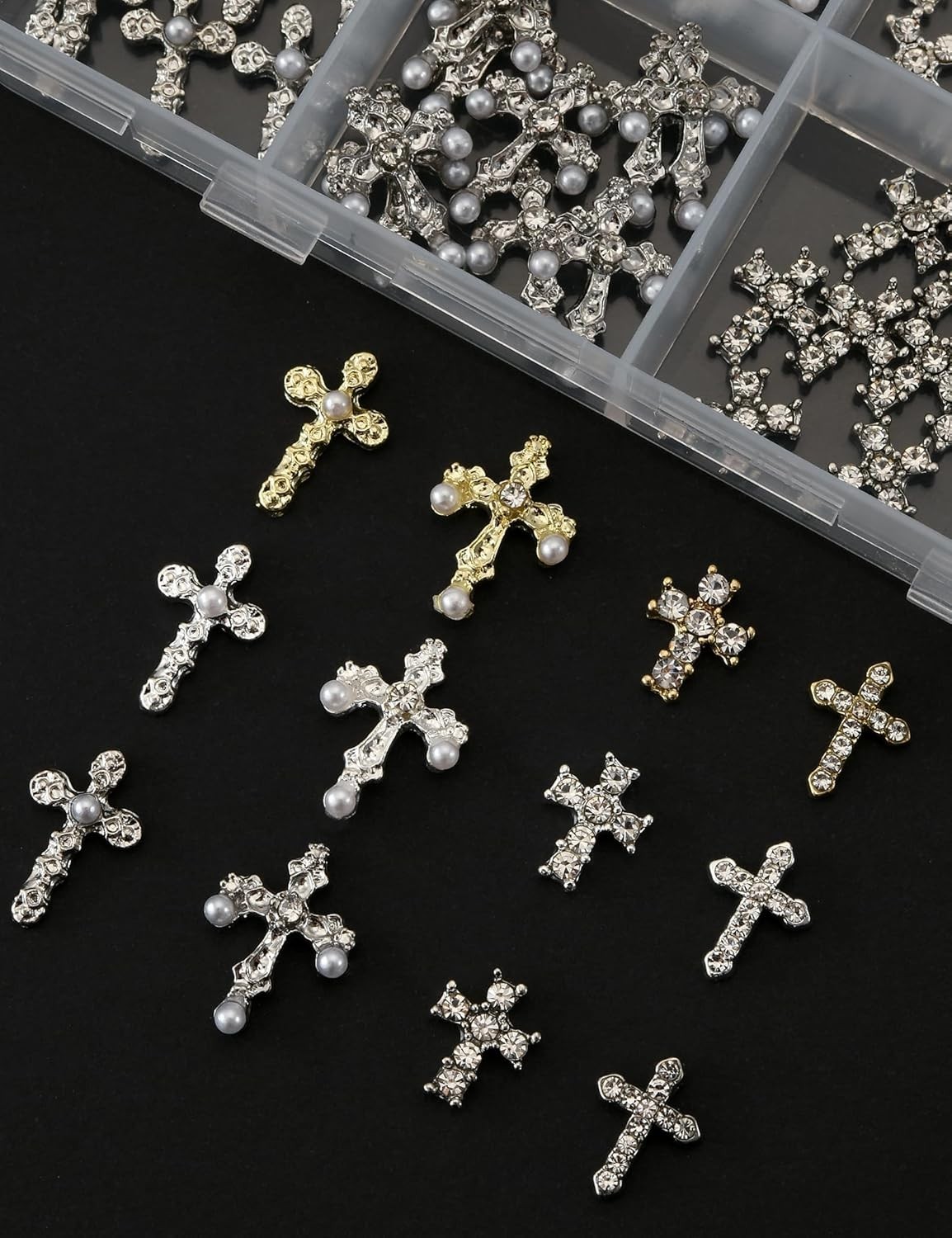 120 Pcs 3D Cross Nail Charms 12 Grids Metal Nail Art Charms White Gold Silver…