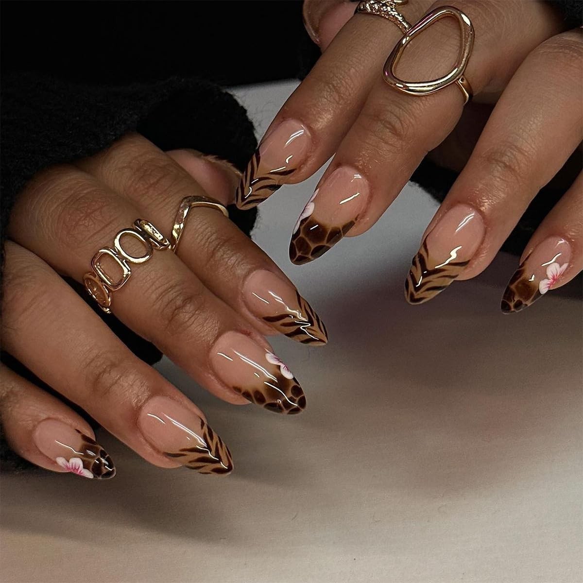 24 Pcs Spring Press on Nails Short Almond,Pink Fake Nails Press ons Leopard P…