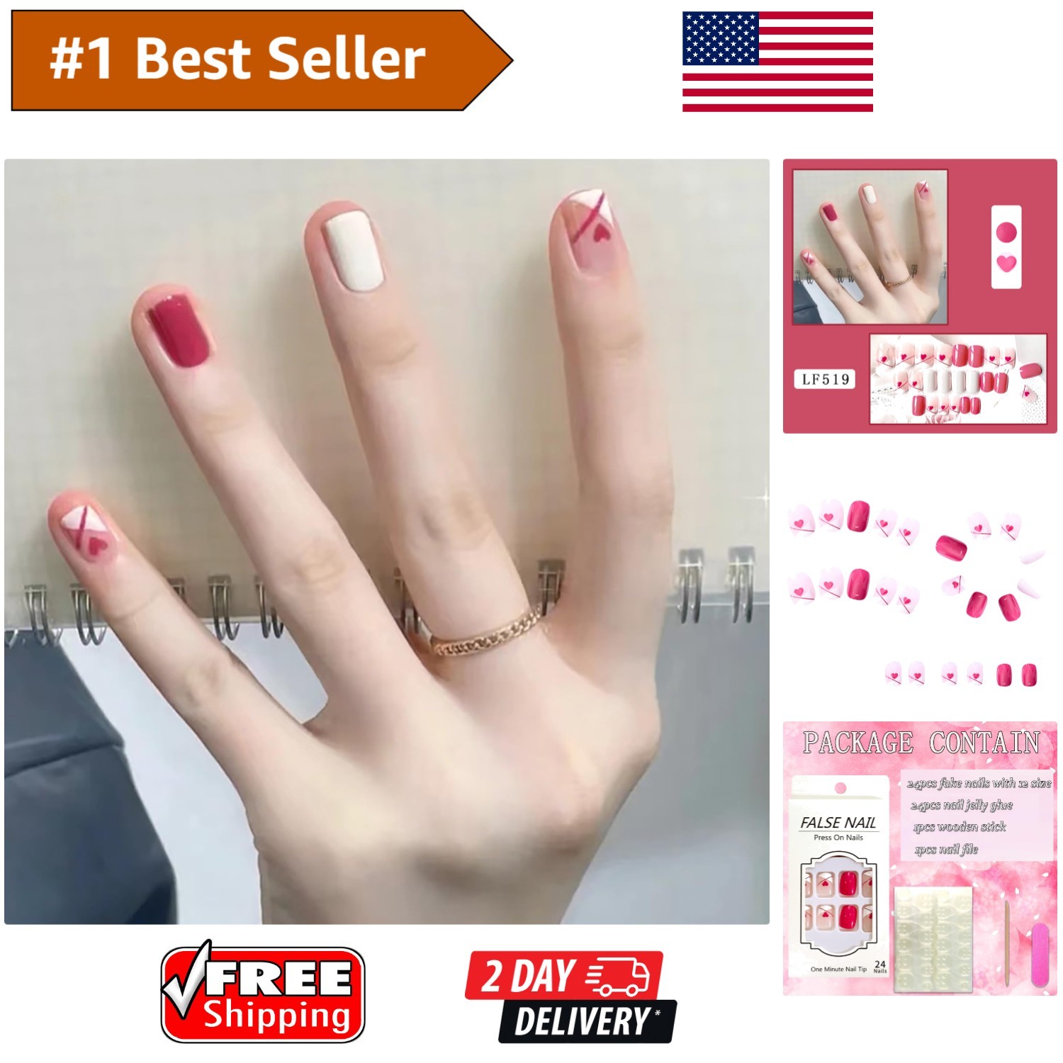 Glossy Full Cover 24 Pcs Short Press On Nails – Stylish Valentine’s Day Gift Set