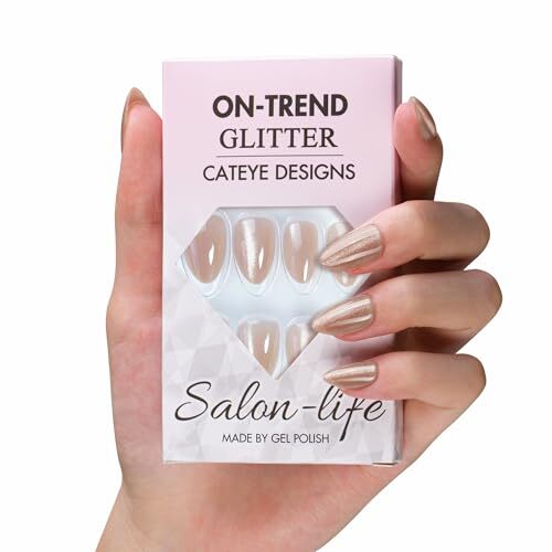 Nude Pink Cat Eye Press on Nails Short Almond Shaped, Sparkling Glazed Donut