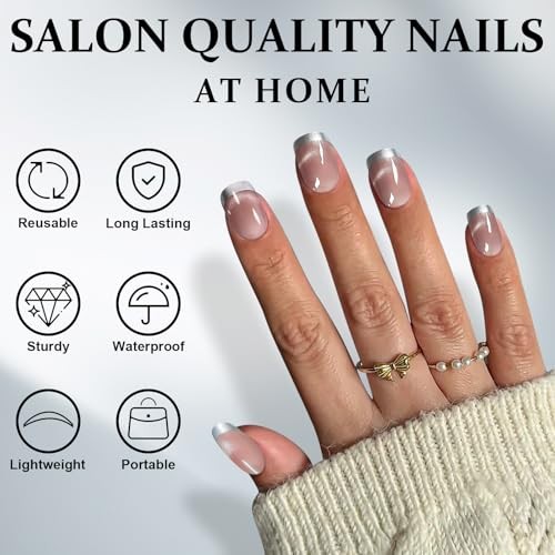 Silver French Tip Press on Nails Square Cat Eye Fake Nails with Short MY004