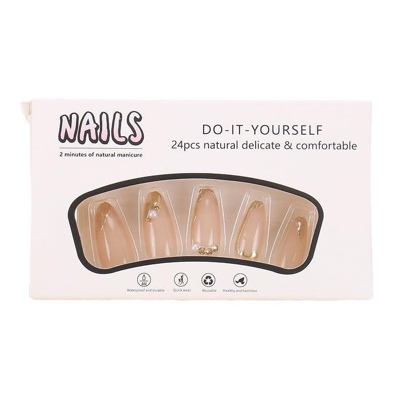 Luxurious French Tip Press On Nails with Gold Lines – Pack of 24 for Women