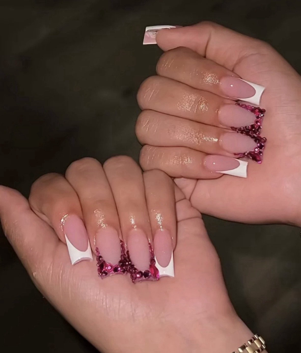 Long Square Pink White Purple 3D Gemstone Full Cover Press-On Nails