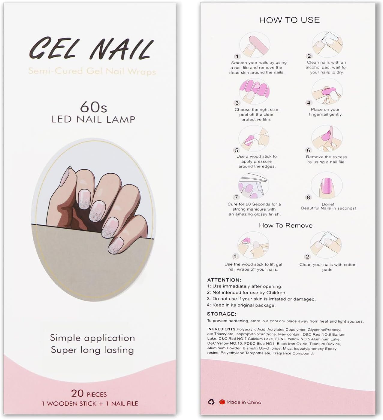 JMEOWIO Gel Nail Stickers Glitter Light Pink Cured Gel Nail Strips Wraps UV/LED