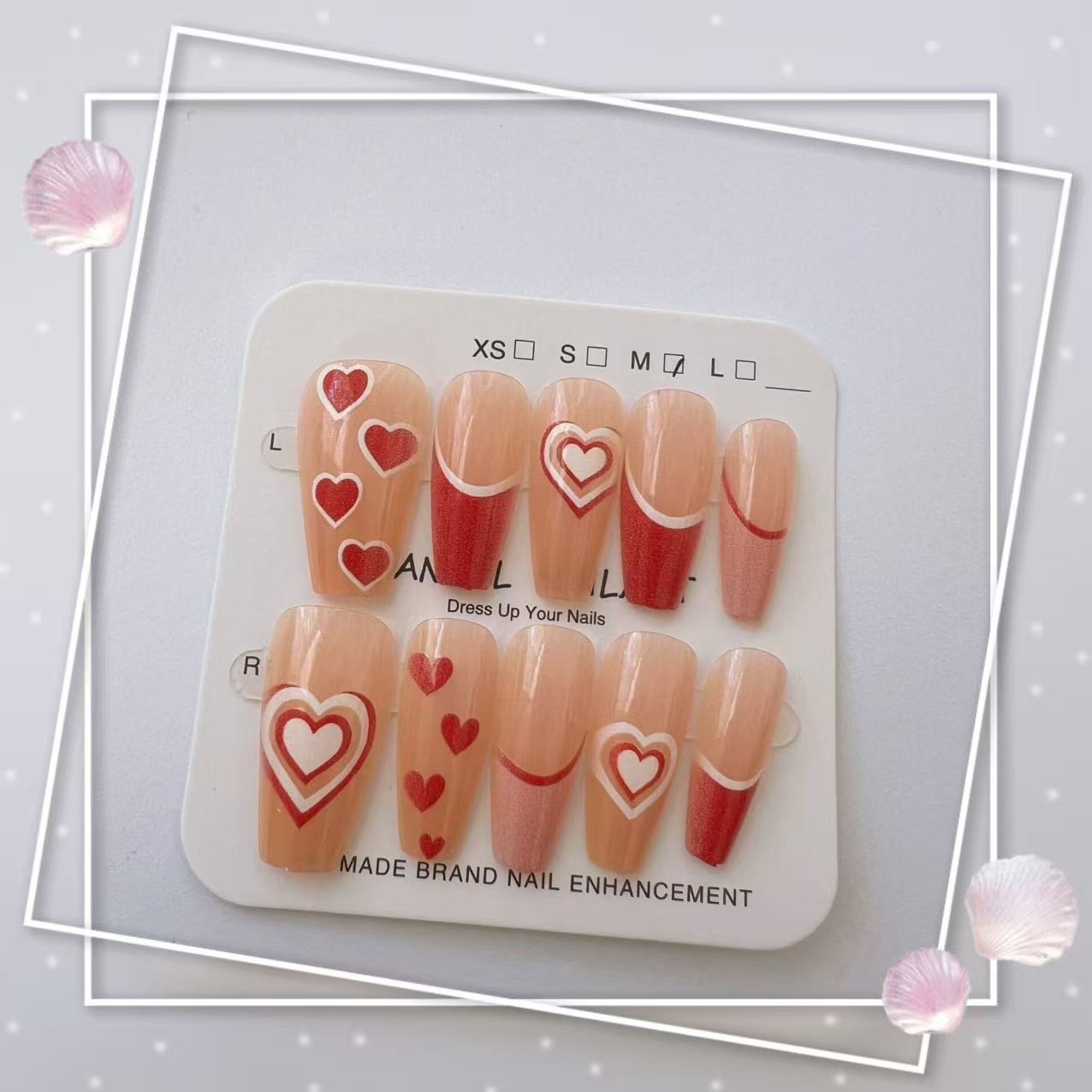 Pink Heart Press On Nails Long Coffin Fake Acrylic Nail Set 10pcs with Glue Kit