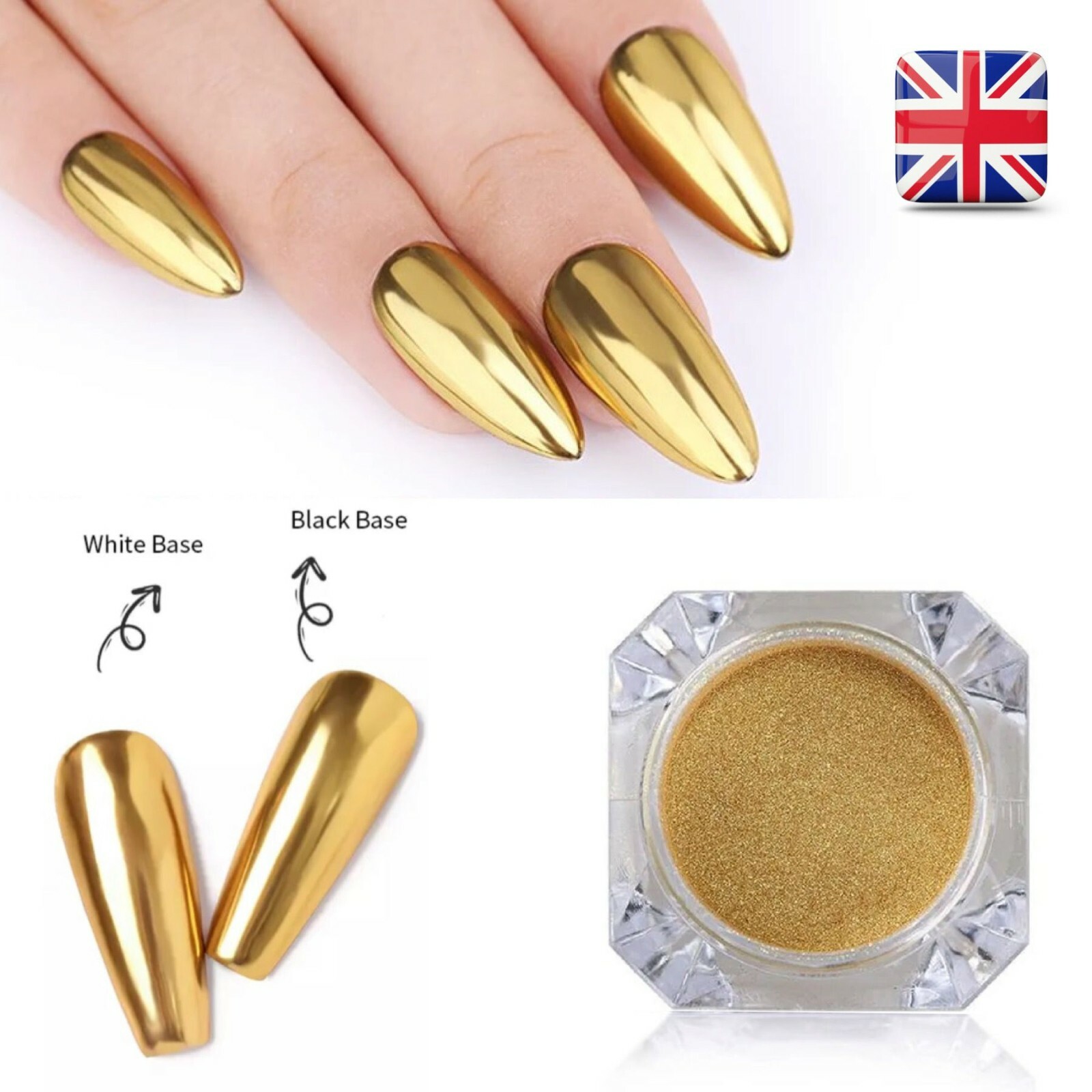 GOLD Mirror Nail Chrome Powder Effect Dust Nails Platinum Shimmer Pigment Brush