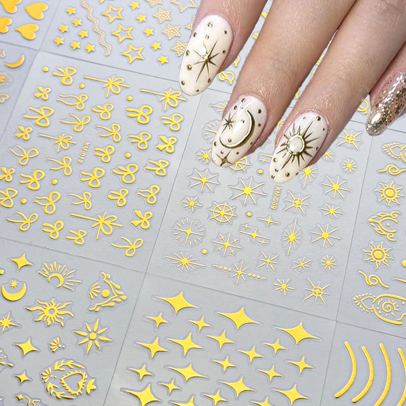 30 Sheets Gold Star Nail Art Stickers 3D Adhesive Moon Star Nail Decals Heart…