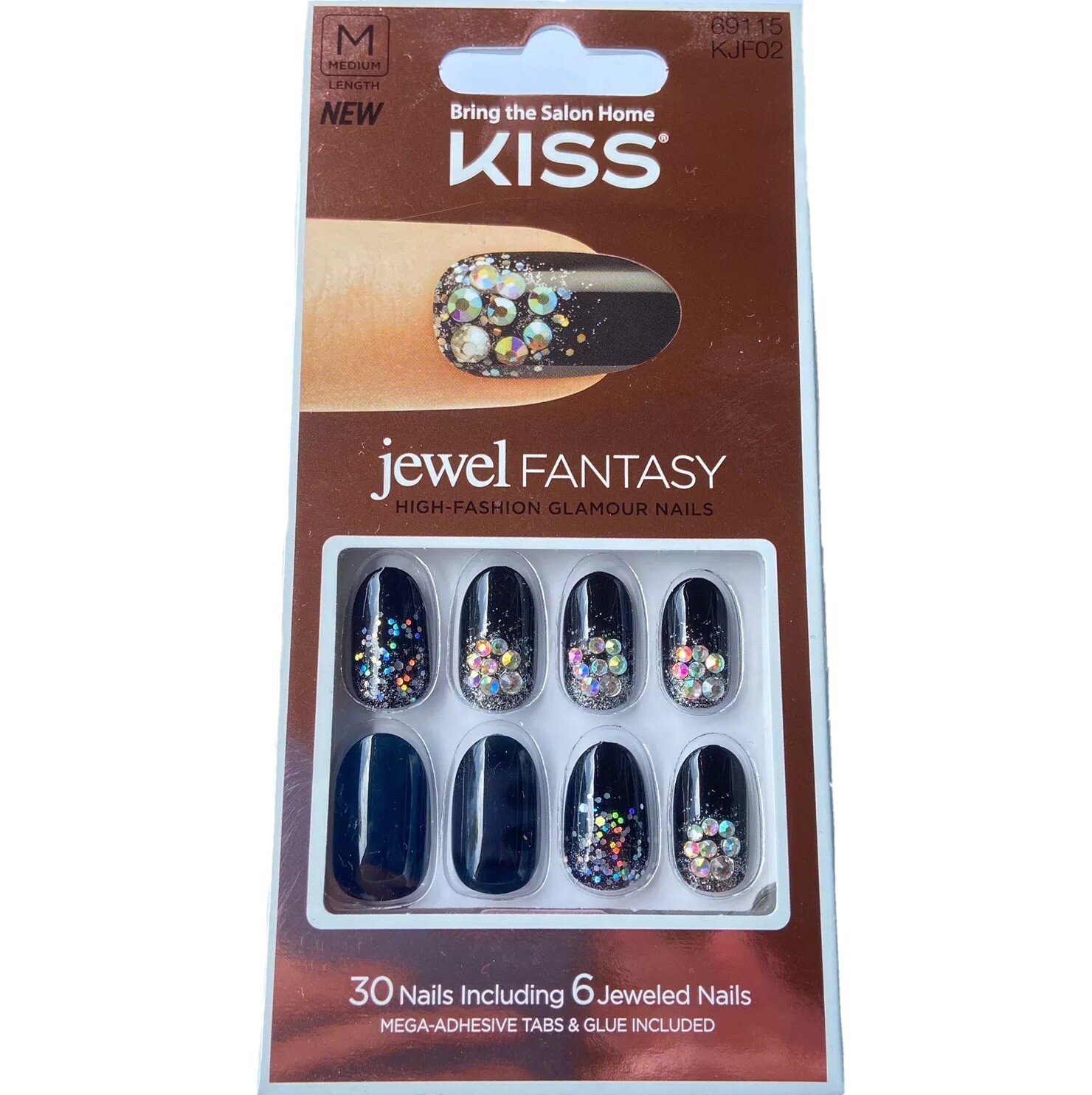 NEW Kiss Nails Jewel Fantasy Press or Glue Manicure Medium Gel Oval Black Silver