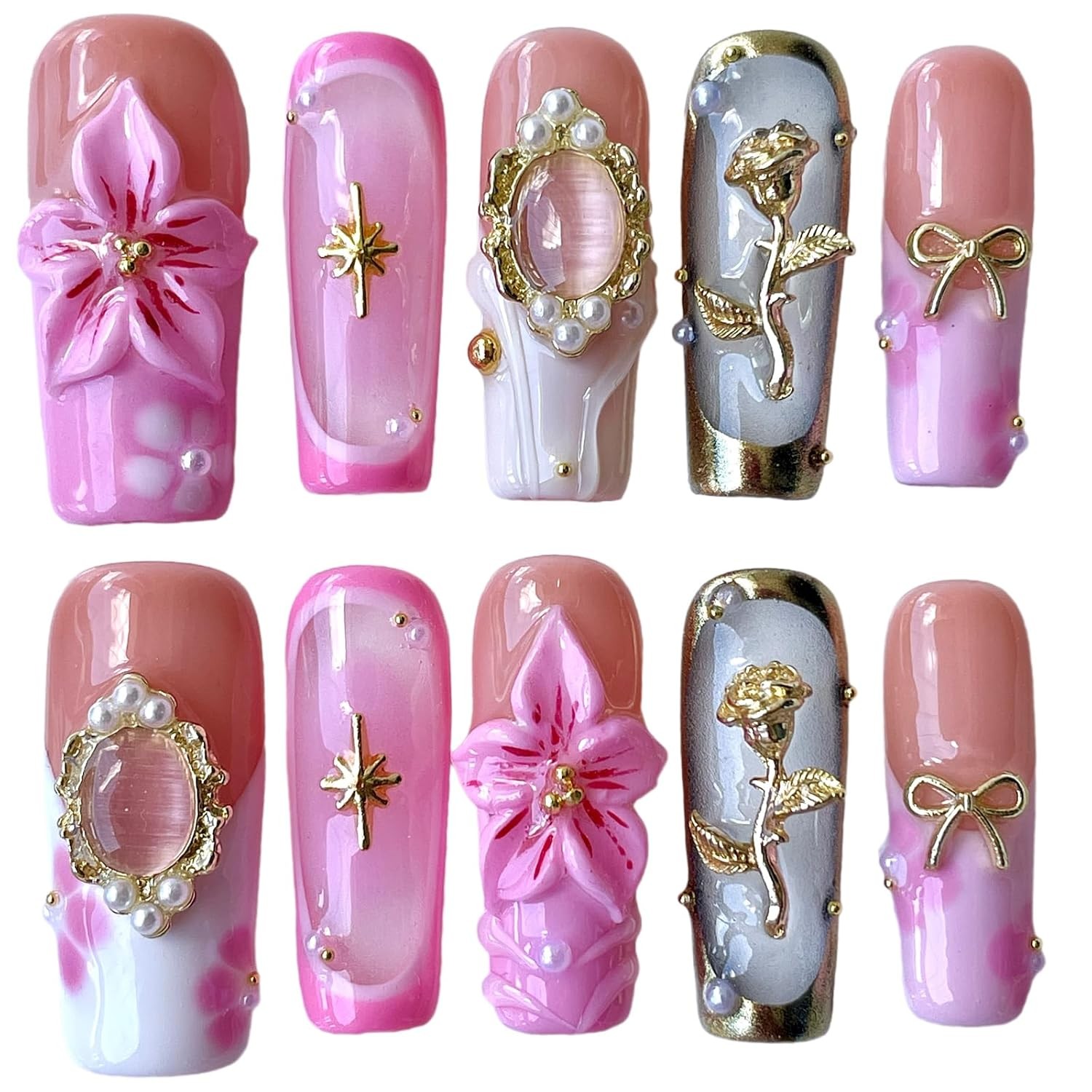 3D Floral Rose Pearl Handmade Reusable Square Press On Nails