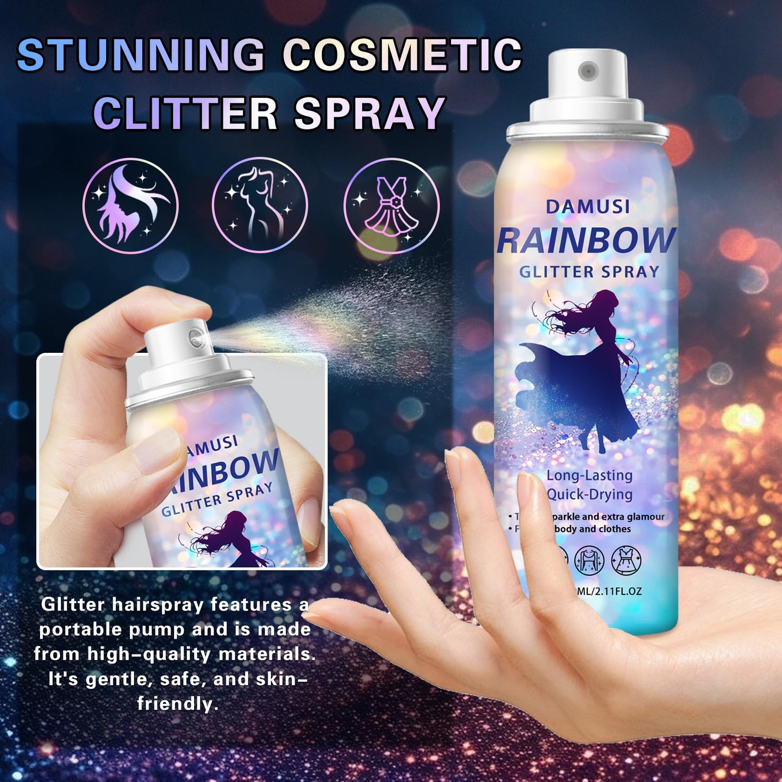 Pink Body Glitter Spray, Shiny Hair and Body Glitter Spray for Clothes, Holog…