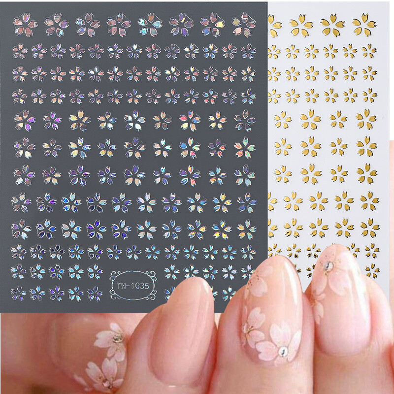 1 Sheet Nail Art Stickers Sakura Gradient Flower 3D Laser Cherry Floral Decals