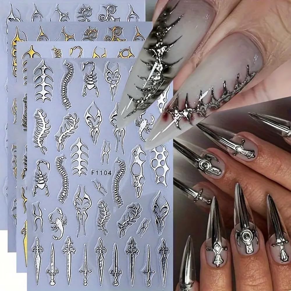 4 Sheets Goth Nail Stickers for Nail Art 3D Punk Style Black Belt Nail Art St…