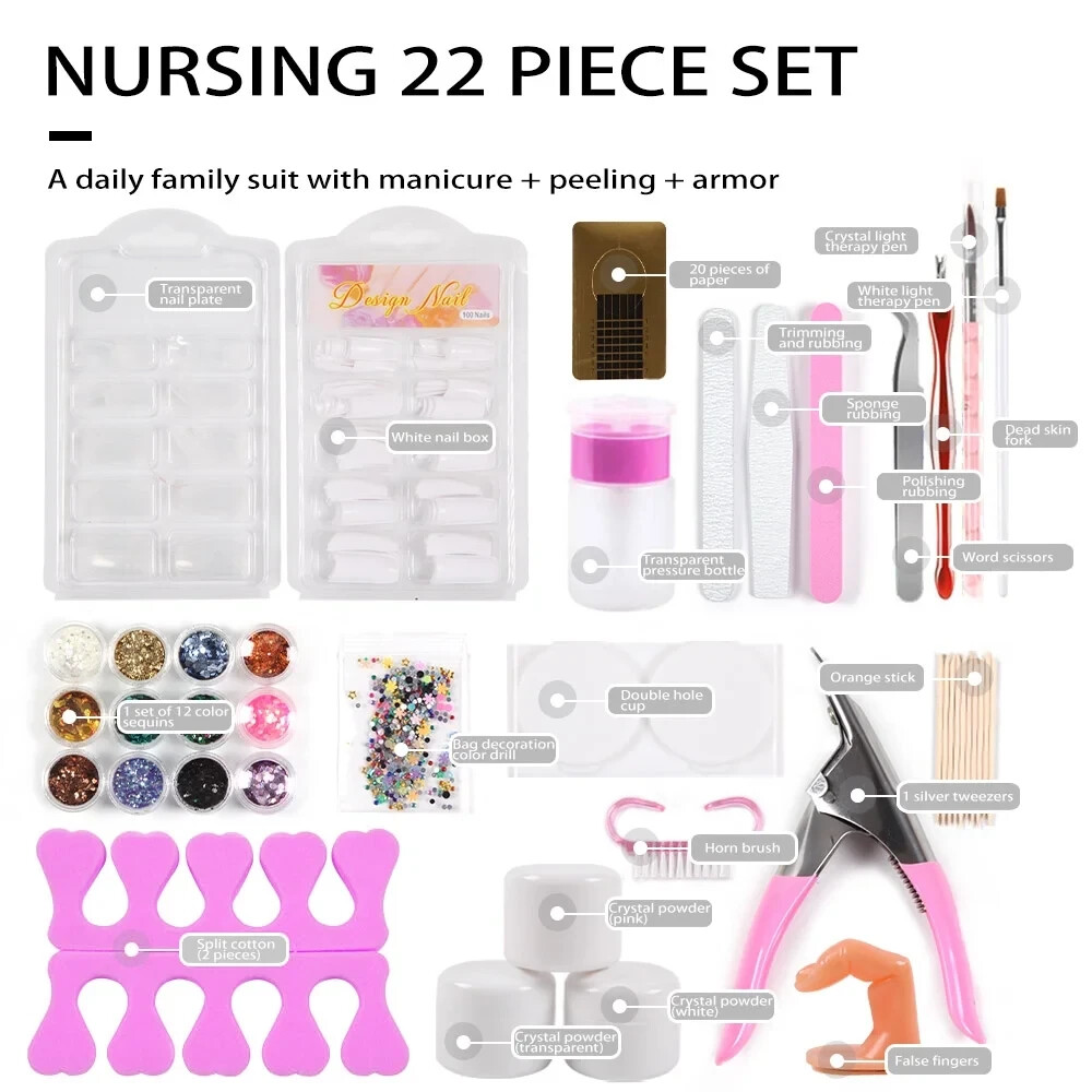 Acrylic Nail Kit Glitter Ez Flow Acrylic Powder Art Manicure Tool Tips Brush Set