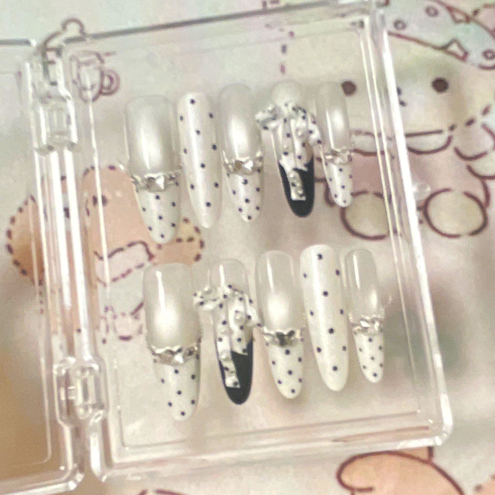 Press-On Nails White Black Polka Dot 3D Silver Bow Pre-Designed Nail Art