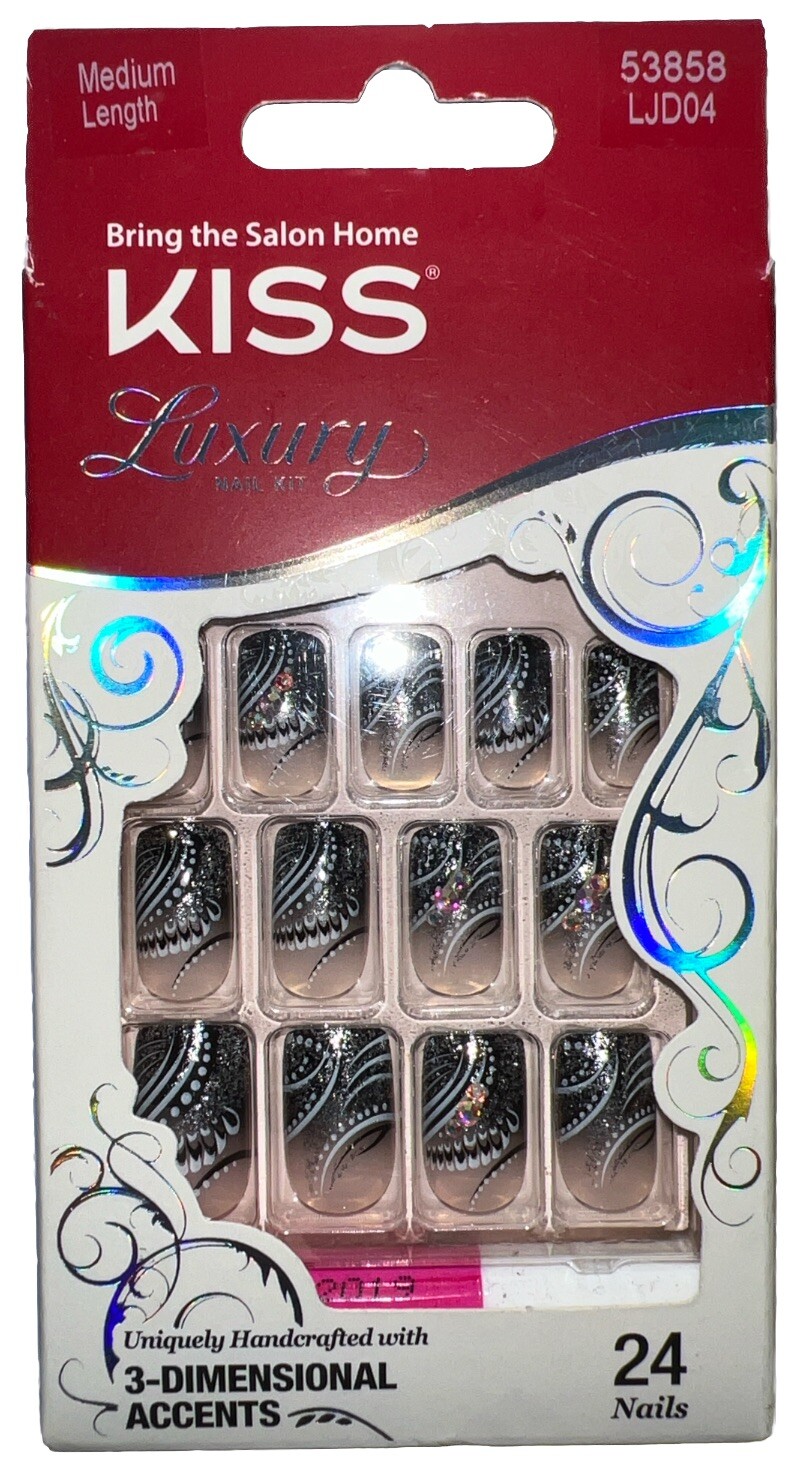 KISS Luxury Nail Kit 24 MEDIUM LENGTH #53858 3D Feather Accents New/Discontinued